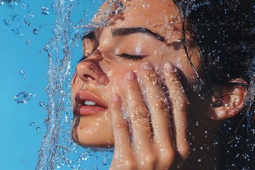 A crisp, high-contrast image of a woman washing her face, water drops on her skin, blue backdrop, ultra-realistic and well-lit, in full vivid detail