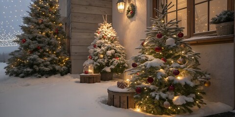 Cozy Snowy Christmas Courtyard with Lit Christmas Trees