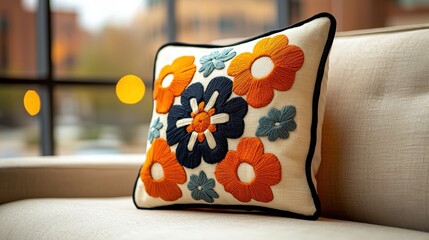 Embroidered Floral Pillow on Couch  Home Decor  Autumn Colors  Boho Chic