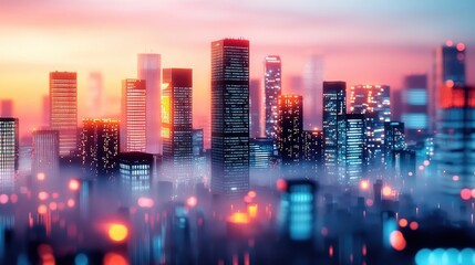 Obraz premium Blurry city skyline at sunset with vibrant colors and soft focus effect.
