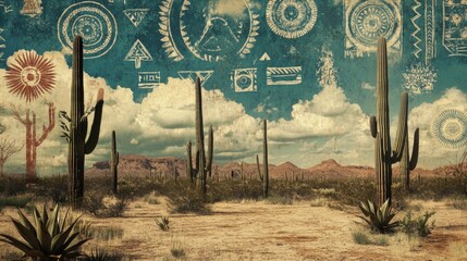Fototapeta premium Vintage Desert Landscape with Cacti and Mountains