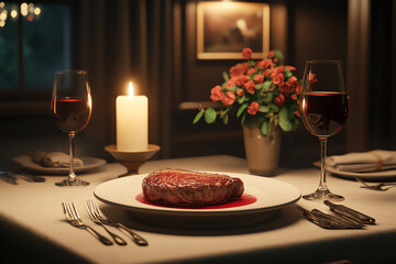 Perfectly grilled steak with a deep red center, elegant dining setup, ultrarealistic