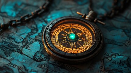 Antique Compass on Vintage Map