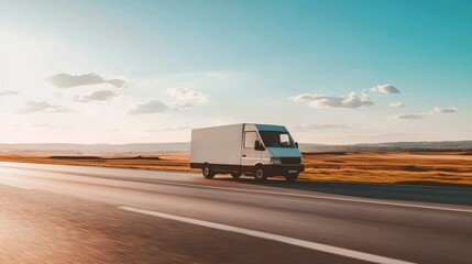 A white delivery van driving on an open road under a clear sky.