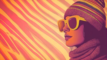 Vibrant Winter Portrait: Woman in Colorful Knitted Hat & Oversized Sunglasses Against Pink Background - Perfect for Sporty Interior Posters and Stylish Decor!