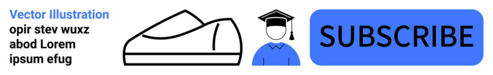 Shoe outline, graduate in cap, and blue subscribe button. Ideal for education, fashion, e-commerce, online courses, graduation promotions, product marketing, and landing page elements. Landing page