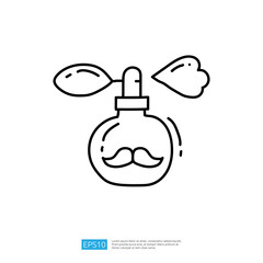 A whimsical illustration of a perfume bottle with a mustache design, featuring a leaf and a heart-shaped puff, symbolizing fragrance and charm.