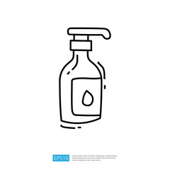 A simple line drawing of a pump bottle, likely for a liquid product, featuring a label with a droplet symbol, suggesting its use for dispensing a liquid substance.