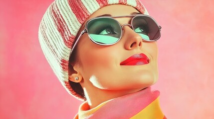 Fototapeta premium Bold and Vibrant Winter-Themed Portrait: Stylish Woman in Striped Knit Hat and Textured Tinted Sunglasses, Perfect as a Poster for Trendy Sports Interiors!