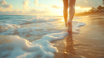 woman’s bare feet walking along a serene beach, the gentle waves washing over her toes, symbolizing peace, tranquility, and connection with nature as the sun sets on the horizon