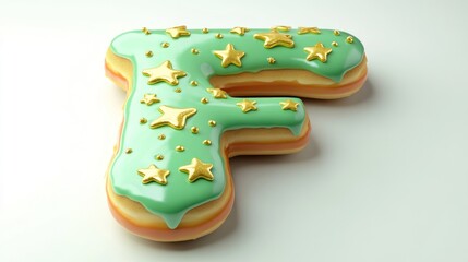 A whimsical donut shaped like the letter "F" with mint icing and golden star decorations.