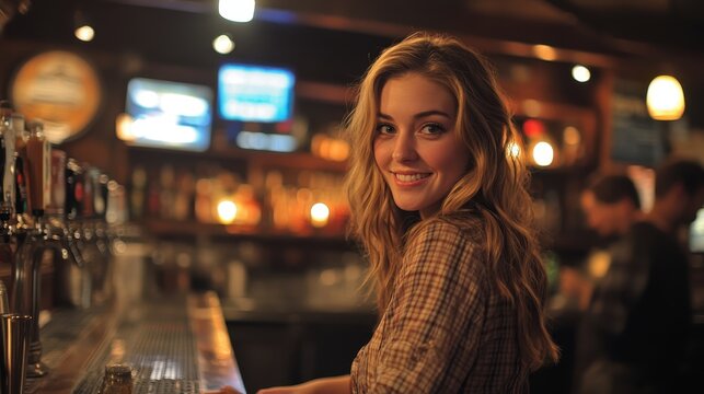 Female bartender with wavy blonde hair standing behind a bar counter in a cozy pub. Nightlife, social gatherings, or pub restaurant environment concept - Powered by Adobe