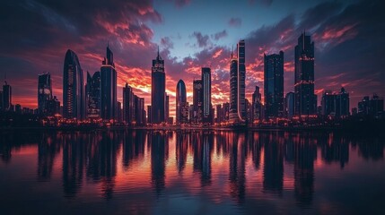 Fototapeta premium A stunning city skyline at sunset reflecting on water, showcasing modern architecture and vibrant colors.