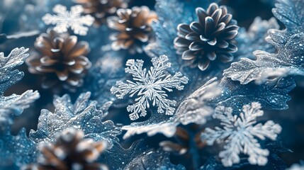 Frosted winter design with snowflakes and pine cones.