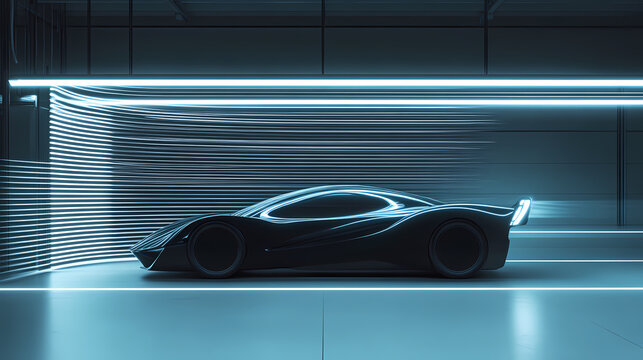 Sleek hypercar concept with biomimetic design active aerodynamics and luminescent quantum dot paint glowing in a wind tunnel. Luminescent. Illustration