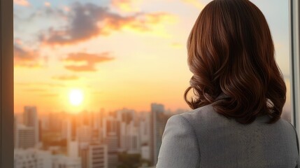 Woman observing city skyline at sunset from office window, inspiring moment.