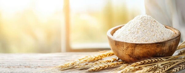 Bowl of flour on wooden table with wheat stems in natural light