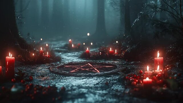 Pagan star shaped pentagram symbol with red candles in winter forest. Winter solstice holiday. Yule, Imbolc, Samhain. Wiccan pagan religion. Magic or esoteric dark ritual, satanism cult