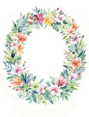 Beautiful watercolor wreath illustration of tropical foliage and colorful floral elements, floral, beautiful