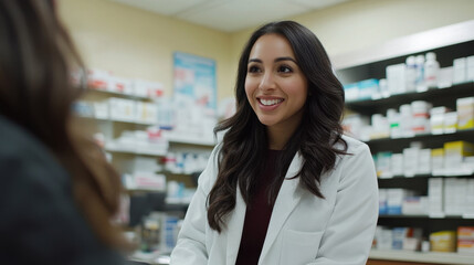Female pharmacist in a white coat selling drug prescriptions to a customer in a pharmacy