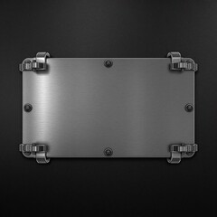 Metal plate with industrial-style clamps or holds on a black brushed metallic background, clamping device, metal plate, machinery parts