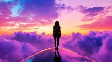 Obraz premium Silhouetted Woman Stands in Serene Sunset Landscape with Vibrant Clouds and Reflection