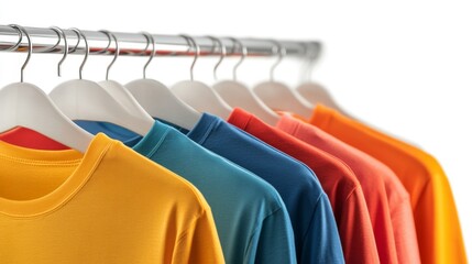 some new t-shirts collection hang on the hanger rack, sale and retail concept, isolated white background
