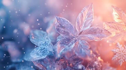 Fototapeta premium Winter frost-covered leaves in soft light, with delicate snowflakes falling.