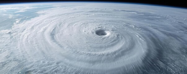 Aerial view of a powerful hurricane swirling over the ocean.