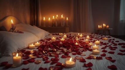 Bedroom with burning candles strewn with rose petals in anticipation of a romantic day. Flames of passion illuminate day of love, 4k Resolution
