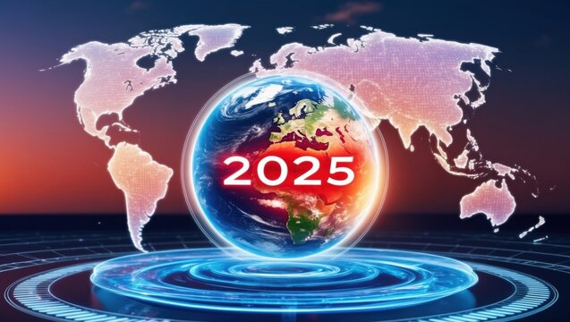 Global vision 2025 future innovations shaping technology nature and lifestyle across continents digital art background