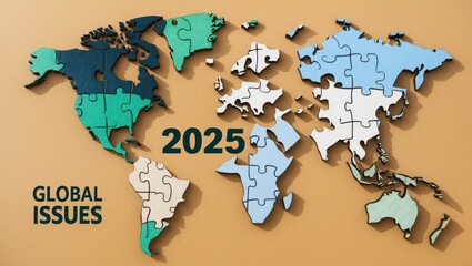 Global issues puzzle map for 2025 understanding challenges across continents infographic educational worldview data representation