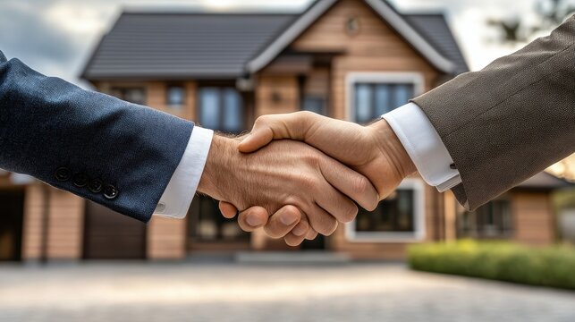 Handshake between real estate seller and new property owner. Shaking hands in front of a modern suburban house. Concept of real estate deal or agreement.