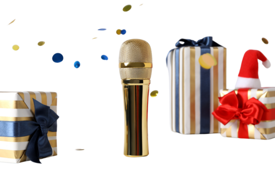 PNG, New Year gifts with microphone, golden microphone isolated on white background.
