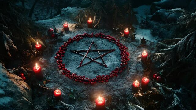 Pagan star shaped pentagram symbol with red candles in winter forest. Winter solstice holiday. Yule, Imbolc, Samhain. Wiccan pagan religion. Magic or esoteric dark ritual, satanism cult