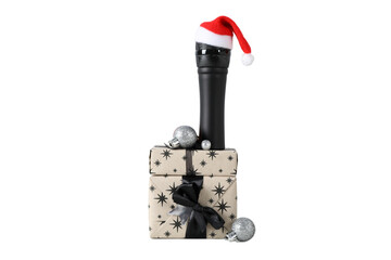 PNG, Christmas gifts with microphone, microphone with santa hat isolated on white background.