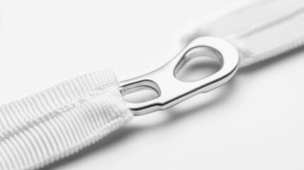 Obraz premium A close-up of a silver metal clip attached to a white strap.