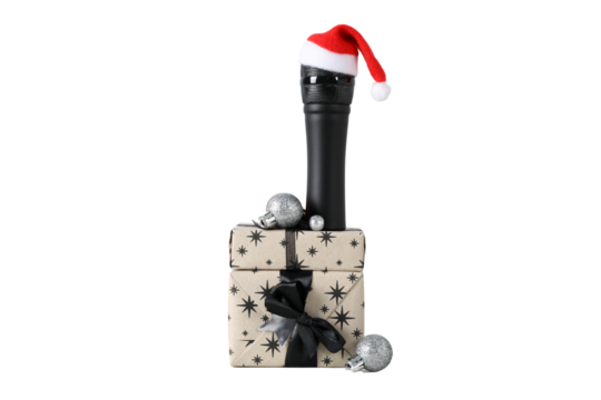 PNG, Christmas gifts with microphone, microphone with santa hat isolated on white background.