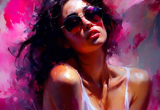 Stylish Woman in Sunglasses With Vibrant Abstract Background