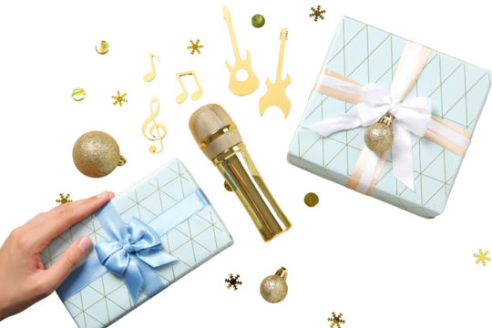 PNG, New Year gifts with microphone, golden microphone isolated on white background.