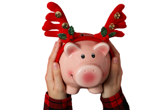 PNG, Christmas piggy bank, with festive decorations and gifts, isolated on white background.