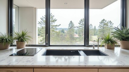 Fototapeta premium Transform your kitchen with stunning views and lush greenery, creating a serene cooking environment