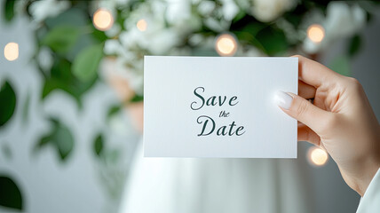 hand holding Save Date card with elegant decor