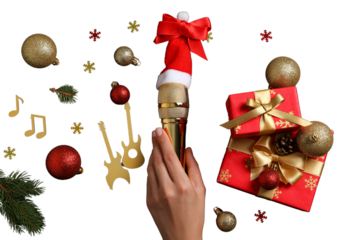 PNG, New Year gift, Christmas gifts with microphone isolated on white background.