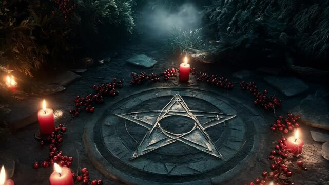 Pagan star shaped pentagram symbol with red candles in winter forest. Winter solstice holiday. Yule, Imbolc, Samhain. Wiccan pagan religion. Magic or esoteric dark ritual, satanism cult