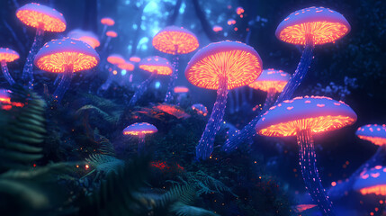 Glowing mushroom macro photography in the forest, ethereal enchanting nature fantasy fungus. Luminescent. Illustration