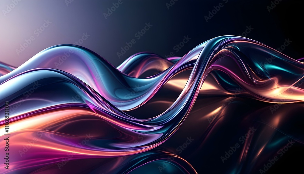 Aufkleber Abstract fluid iridescent holographic curved wave in motion colorful gradient design on black background. Dark holographic iridescent neon fluid background in curved glass waves ideal for banners