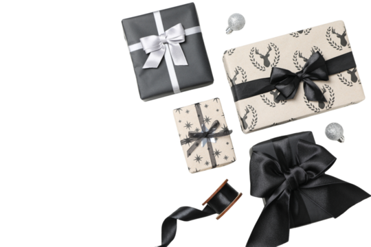 PNG, Christmas gifts, packing process, isolated on white background.