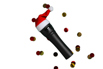 PNG, Christmas gifts with microphone, microphone with santa hat isolated on white background.