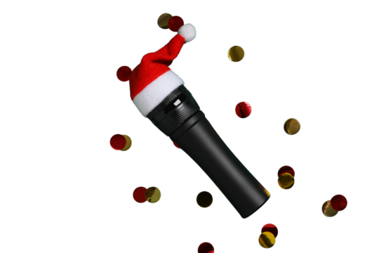 PNG, Christmas gifts with microphone, microphone with santa hat isolated on white background.